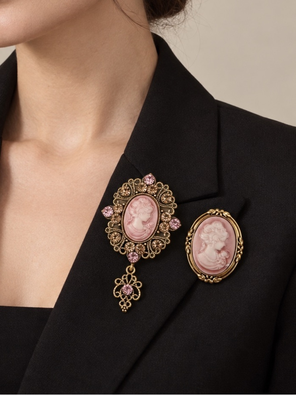 Antique Pink and Gold Cameo Brooch Set - Antique Women Jewelry